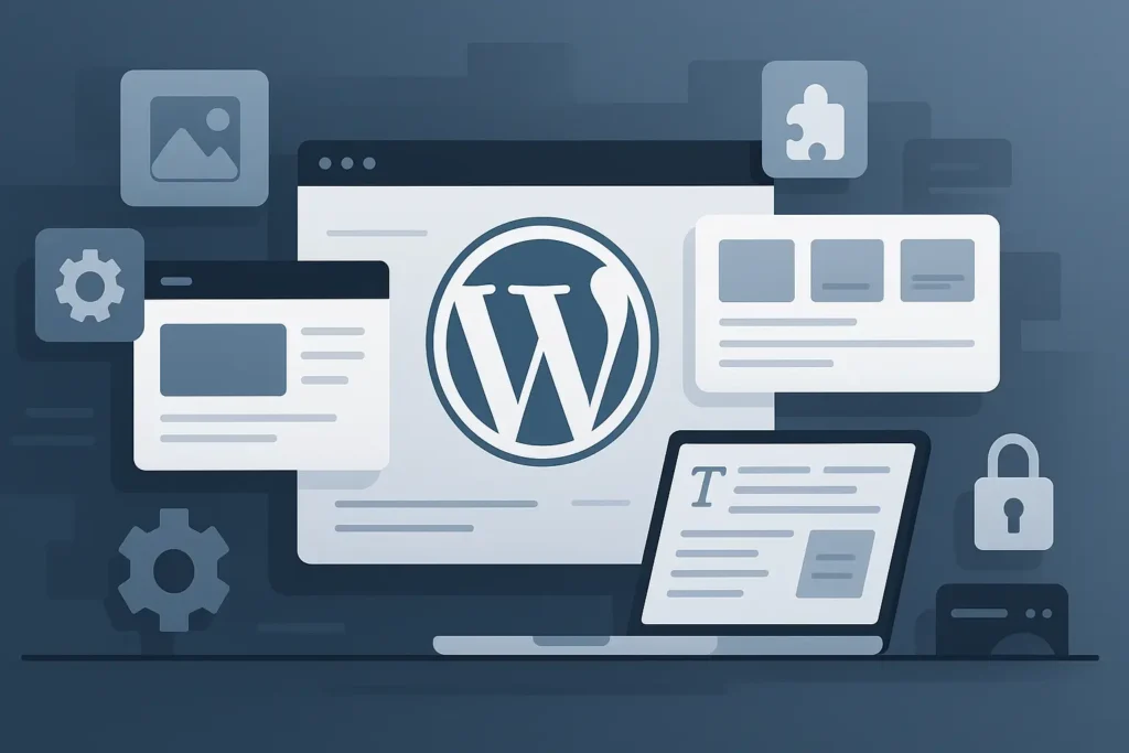 Titelbild im Querformat: WordPress CMS mit Logo und Symbolen für Webseitenaufbau, Plugins, Editor und Sicherheit
