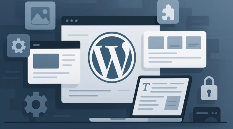 Titelbild im Querformat: WordPress CMS mit Logo und Symbolen für Webseitenaufbau, Plugins, Editor und Sicherheit