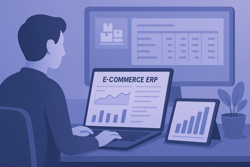 Illustration im Querformat: Person arbeitet an E-Commerce ERP Dashboard mit Diagrammen, Tabellen und Warenbeständen