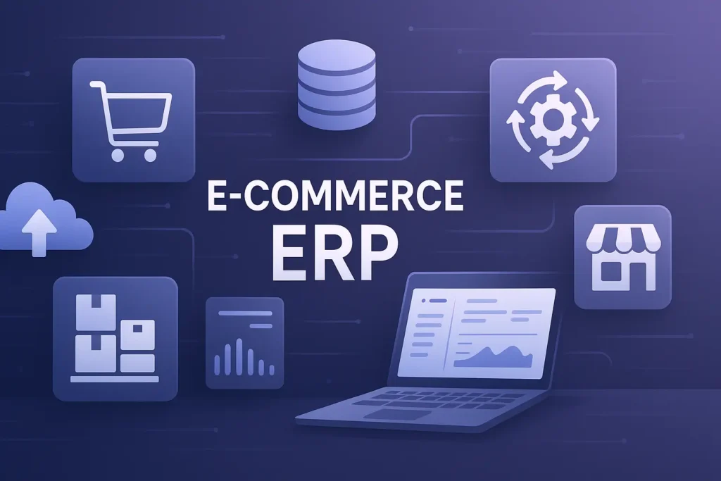 Titelbild im Querformat: E-Commerce ERP mit Symbolen für Warenwirtschaft, Cloud, Automatisierung und Onlineshop