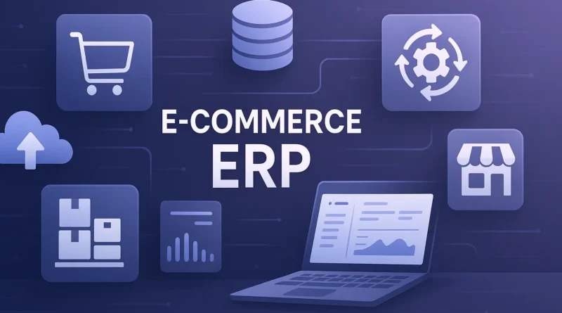 Titelbild im Querformat: E-Commerce ERP mit Symbolen für Warenwirtschaft, Cloud, Automatisierung und Onlineshop