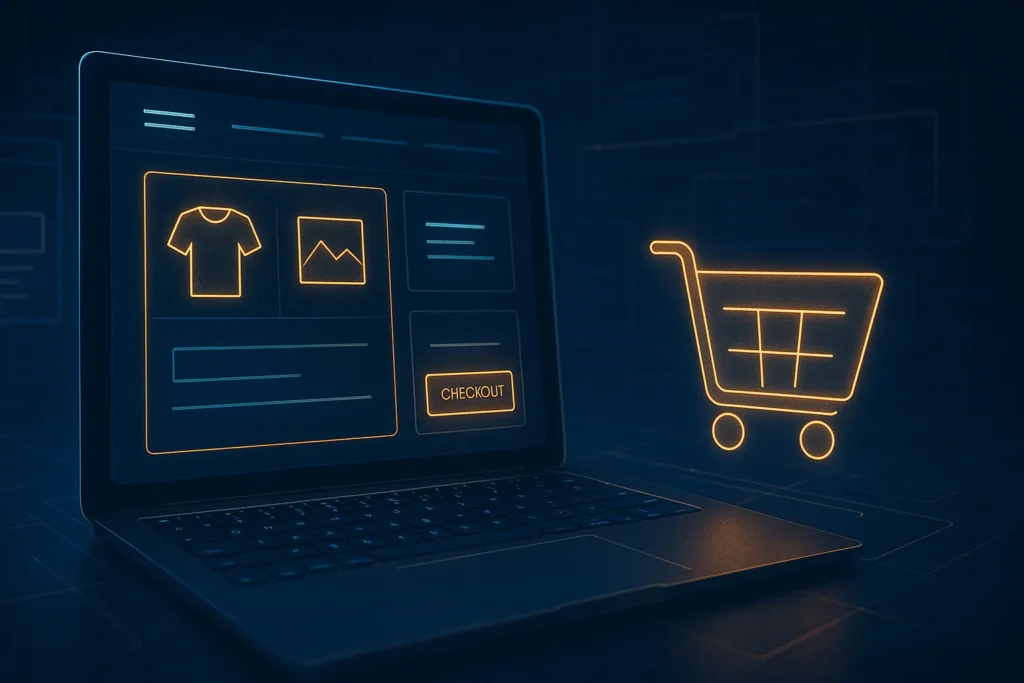 Futuristische Visualisierung einer E-Commerce-Website auf einem Laptop mit digitalem Einkaufswagen-Symbol