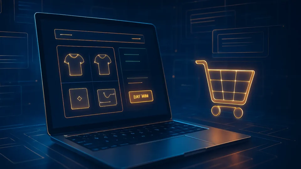 Abstrakte Illustration zur CMS Programmierung mit Codezeilen und modernem Interface-Design