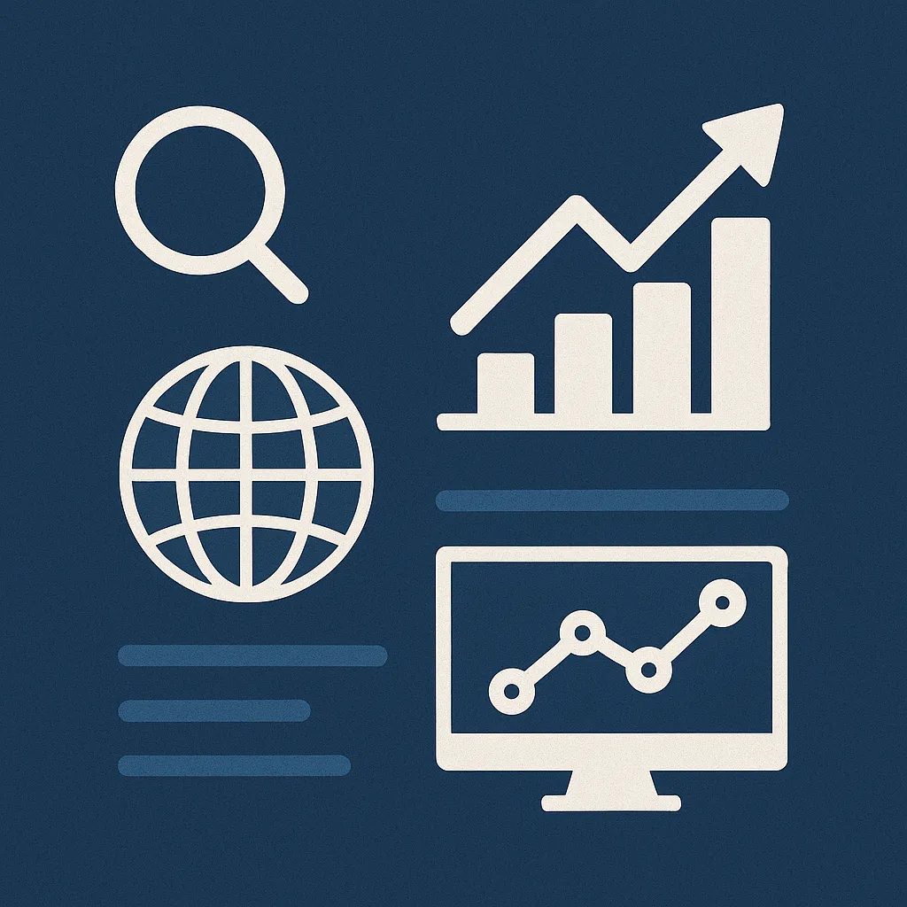 Beitragsbild zu Sistrix SEO mit Symbolen für Globus, Wachstum, Suchlupe und Monitor mit Analyse-Graph auf dunkelblauem Hintergrund.