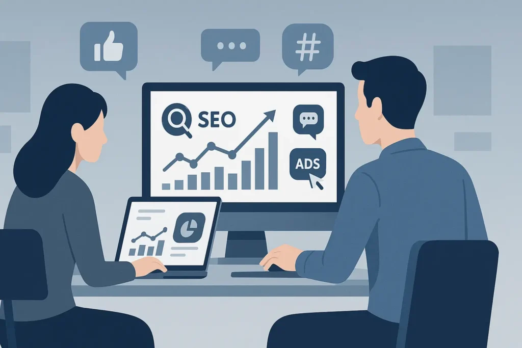 Illustration im Querformat: Zwei Personen arbeiten an Online-Marketing-Dashboard mit SEO, Ads, Social Media und Diagrammen