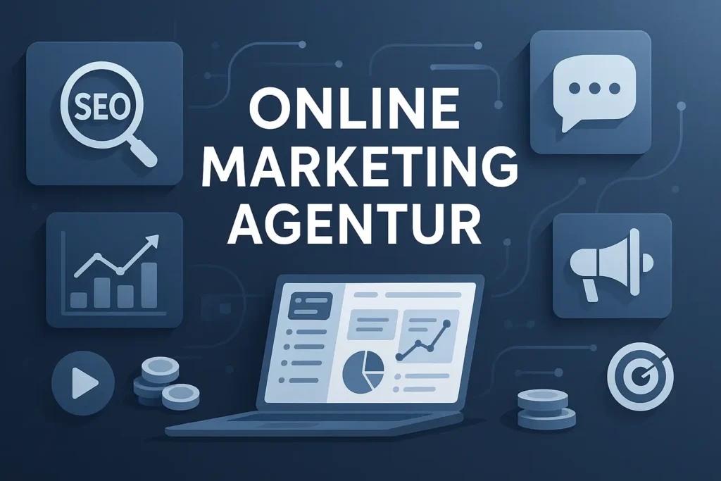 Titelbild im Querformat: Online Marketing Agentur mit Symbolen für SEO, Social Media, Werbung und Analyse-Diagrammen