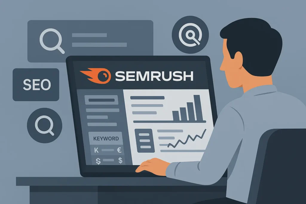 Illustration im Querformat: Person arbeitet im SEMrush Dashboard mit SEO-Daten, Keyword-Analysen und Diagrammen