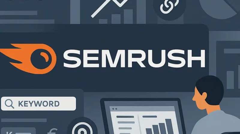 Titelbild im Querformat: SEMrush SEO mit Logo, Diagrammen, Keyword-Symbolen und Analyse-Elementen