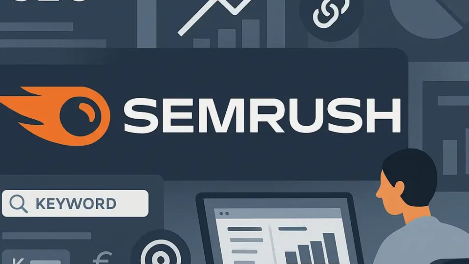 Titelbild im Querformat: SEMrush SEO mit Logo, Diagrammen, Keyword-Symbolen und Analyse-Elementen