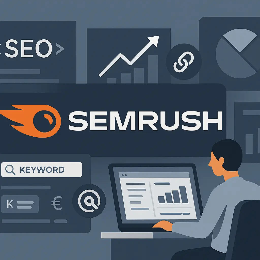 Titelbild im Querformat: SEMrush SEO mit Logo, Diagrammen, Keyword-Symbolen und Analyse-Elementen