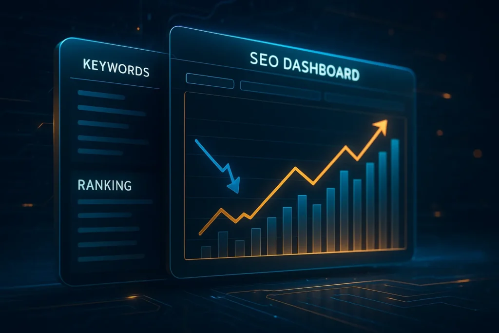 Digitale Darstellung eines SEO Keyword Rank Checkers mit Dashboard, Keyword-Listen und Ranking-Diagramm