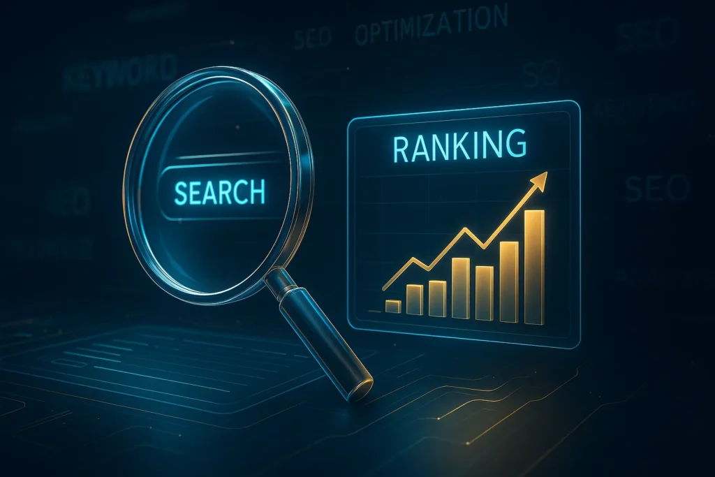 Futuristische Visualisierung eines SEO Keyword Rank Checkers mit Lupe, Ranking-Chart und digitalen Keywords