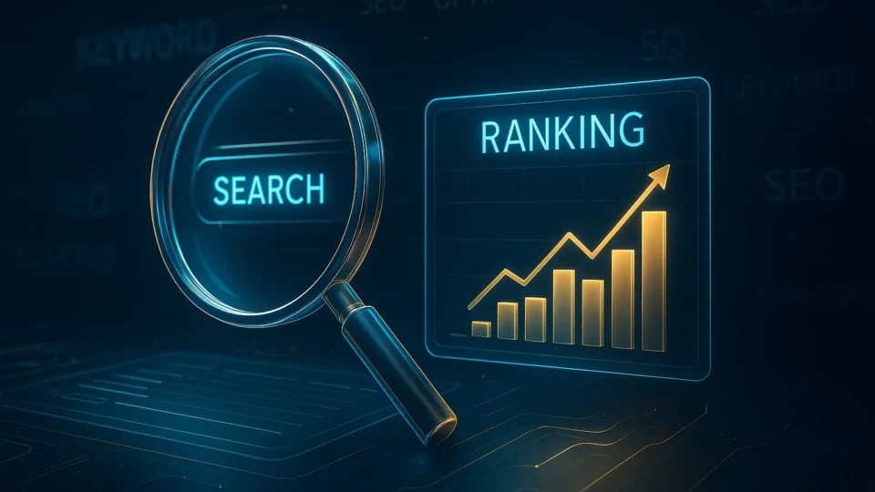 Futuristische Visualisierung eines SEO Keyword Rank Checkers mit Lupe, Ranking-Chart und digitalen Keywords