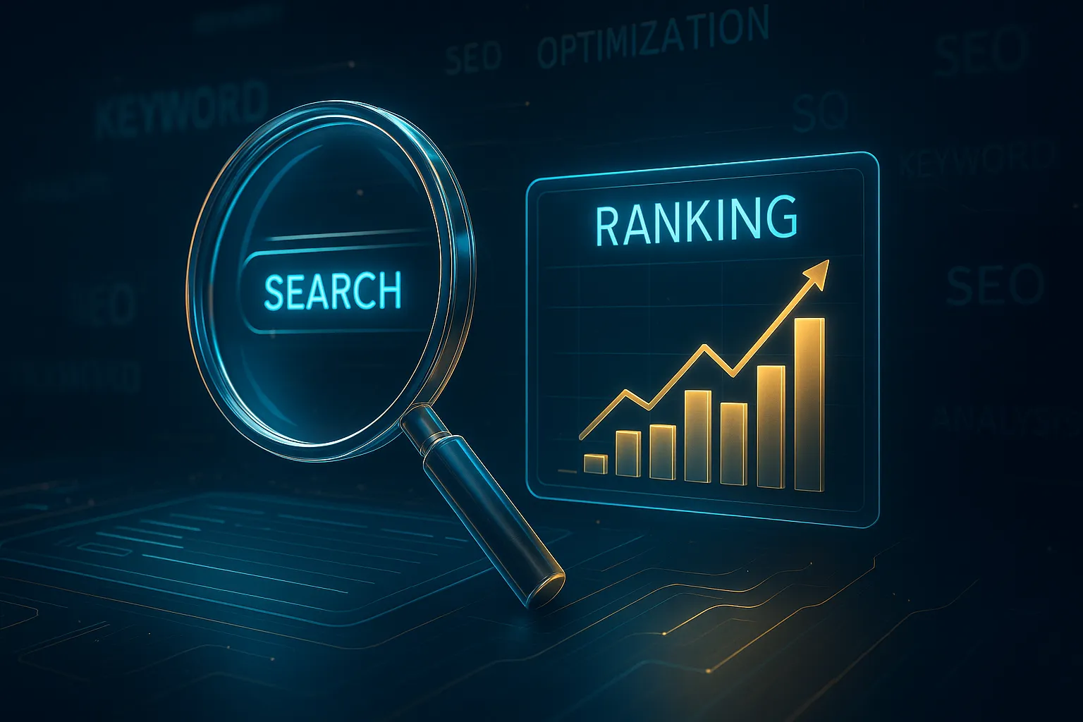 Futuristische Visualisierung eines SEO Keyword Rank Checkers mit Lupe, Ranking-Chart und digitalen Keywords