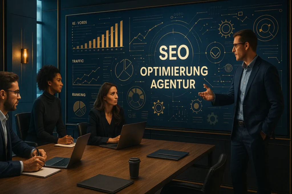 SEO Optimierung Agentur Team im modernen Konferenzraum mit digitalen Dashboards zu Rankings, Keywords und Traffic