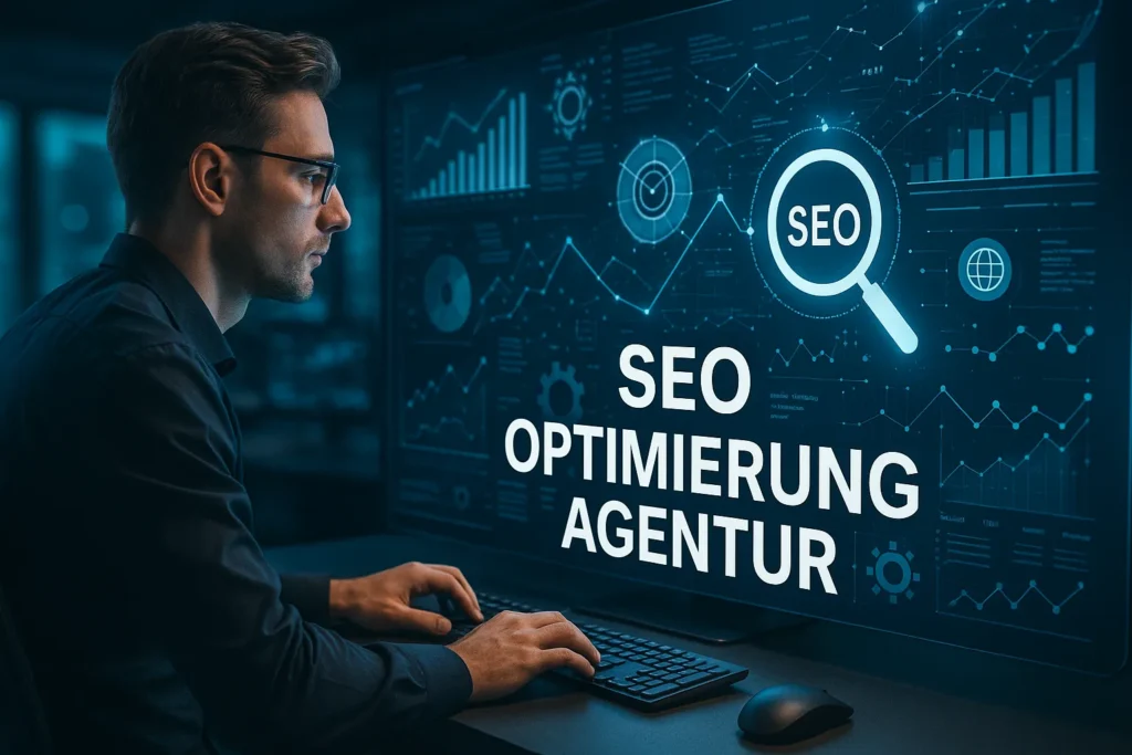 Futuristisches Titelbild einer SEO Optimierung Agentur – digitale Analyse mit modernen Grafiken, Daten und Suchmaschinen-Symbolen