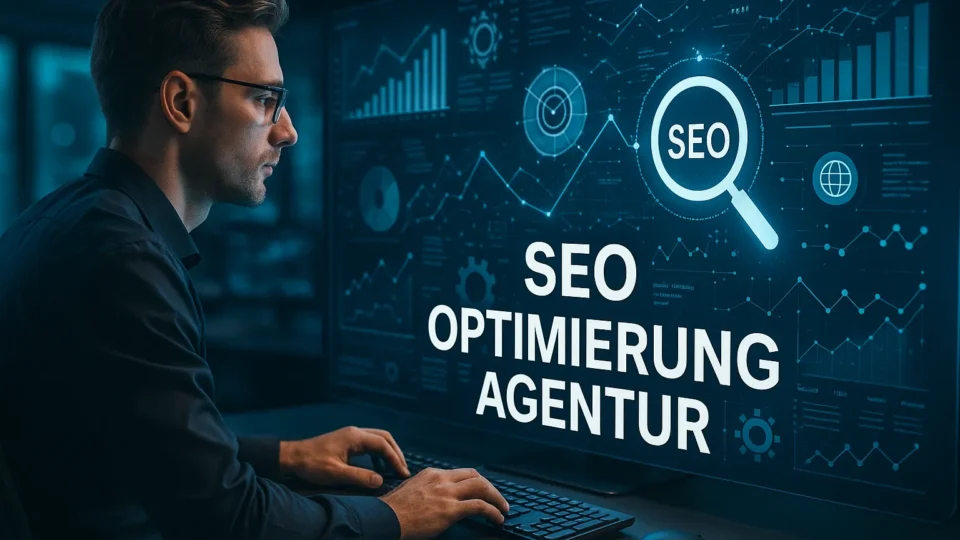 Futuristisches Titelbild einer SEO Optimierung Agentur – digitale Analyse mit modernen Grafiken, Daten und Suchmaschinen-Symbolen