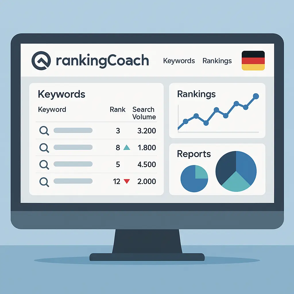 Illustration im Querformat: RankingCoach Dashboard mit Keywords, Rankings, Diagrammen und Reports auf einem Monitor