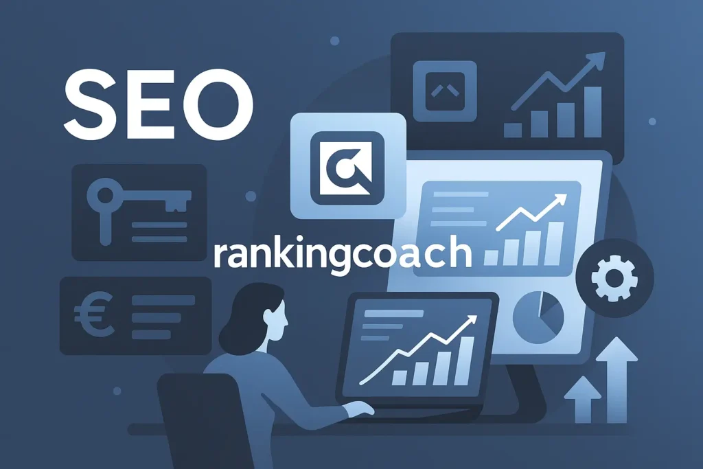 Titelbild im Querformat: SEO RankingCoach mit Logo, Keyword-Symbolen, Diagrammen und Analyse-Elementen