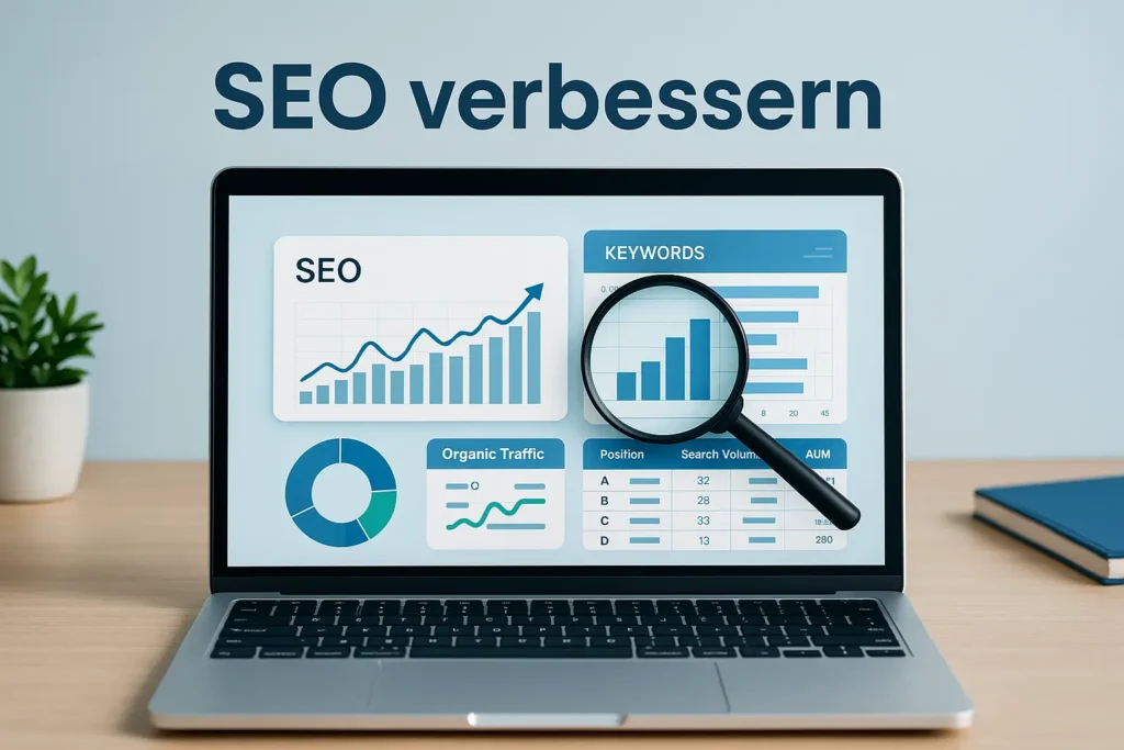 Laptop mit SEO-Diagrammen, Keywords und Lupe – Symbol für SEO verbessern