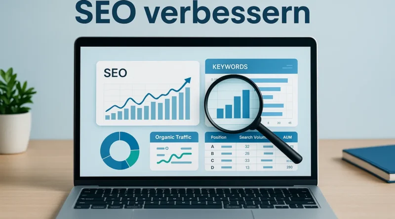 Laptop mit SEO-Diagrammen, Keywords und Lupe – Symbol für SEO verbessern