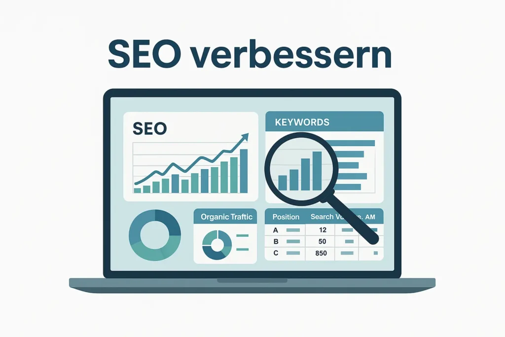 Grafische Illustration von SEO-Analyse, Keywords und organischem Traffic – SEO verbessern