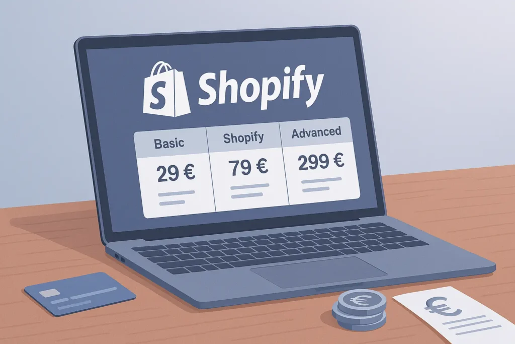 Illustration im Querformat: Laptop mit Shopify Preismodellen Basic, Shopify und Advanced, daneben Kreditkarte, Euro-Münzen und Rechnung