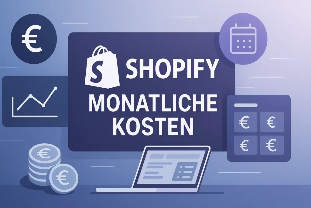 Titelbild im Querformat: Shopify monatliche Kosten mit Logo, Euro-Symbolen, Preistabelle und Laptop