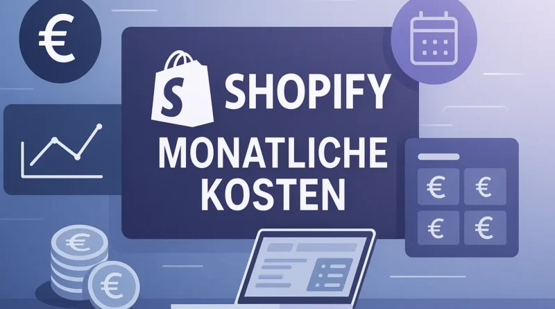 Titelbild im Querformat: Shopify monatliche Kosten mit Logo, Euro-Symbolen, Preistabelle und Laptop