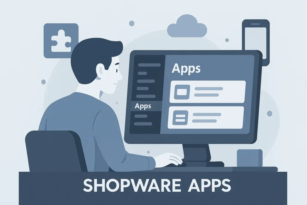 Illustration im Querformat: Person arbeitet im Shopware Dashboard mit App-Übersicht und Erweiterungssymbolen