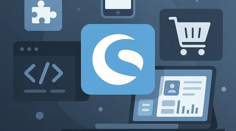 Titelbild im Querformat: Shopware Apps mit Logo, Puzzle-Symbol, Smartphone, Warenkorb und Code-Icon