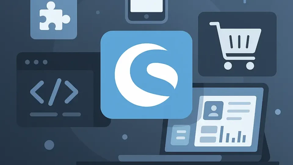 Titelbild im Querformat: Shopware Apps mit Logo, Puzzle-Symbol, Smartphone, Warenkorb und Code-Icon