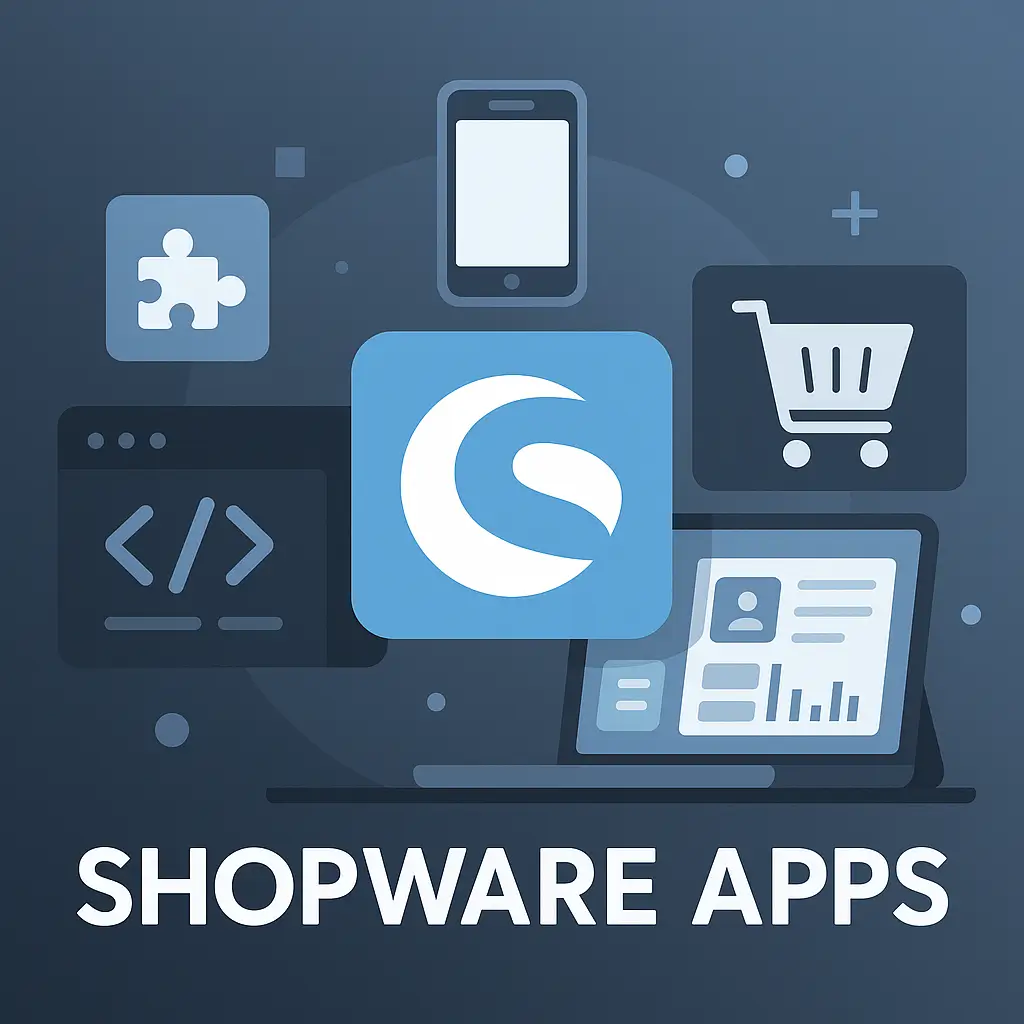 Titelbild im Querformat: Shopware Apps mit Logo, Puzzle-Symbol, Smartphone, Warenkorb und Code-Icon