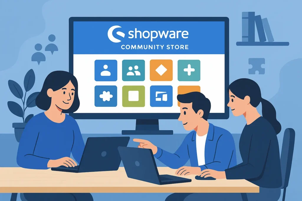 Illustration im Querformat: Drei Personen arbeiten gemeinsam mit Laptops am Shopware Community Store, auf dem Screen sind App-Kacheln sichtbar