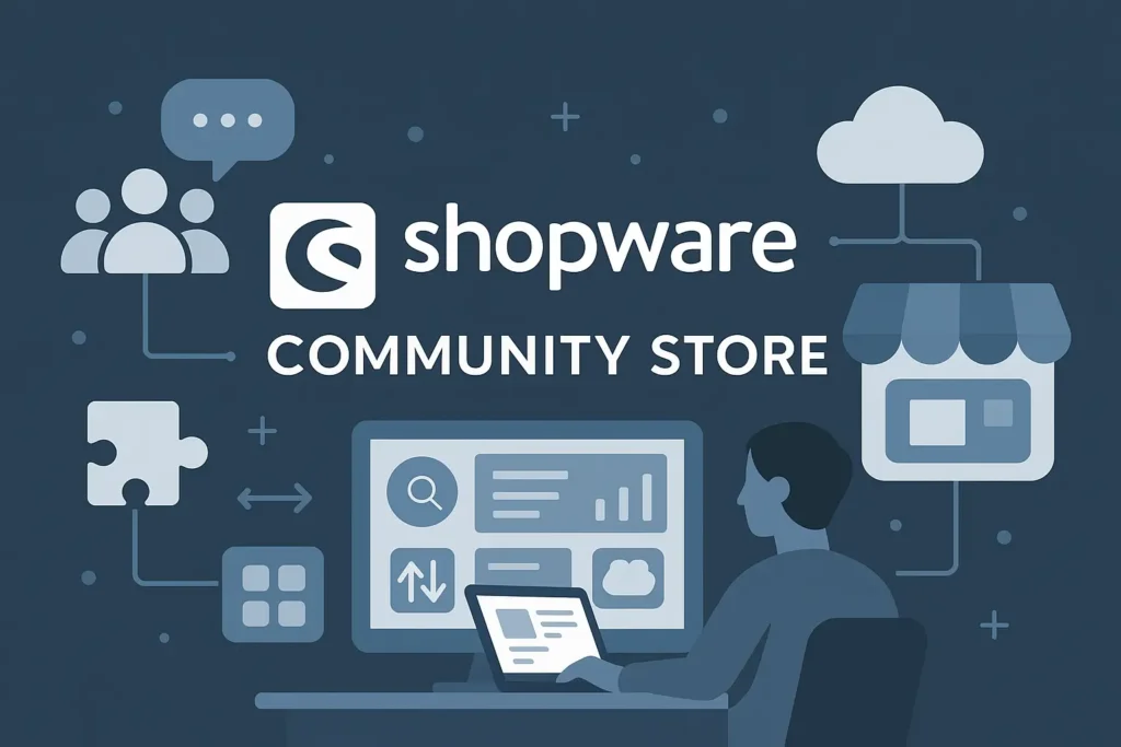 Titelbild im Querformat: Shopware Community Store mit Logo, Community-Symbolen, Storefront und Puzzle-Icon