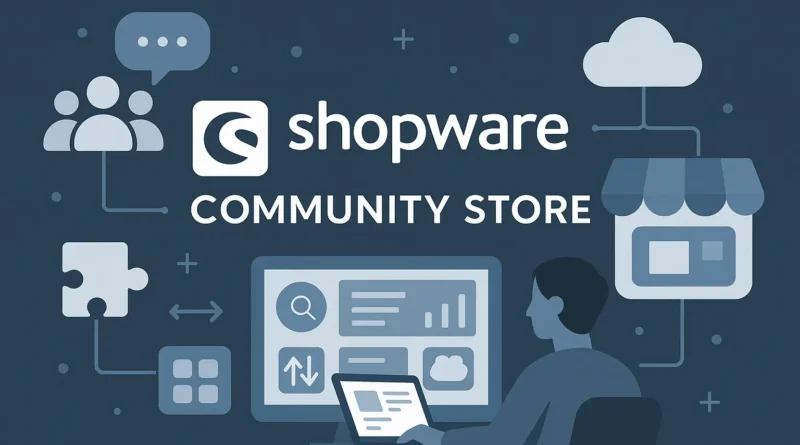 Titelbild im Querformat: Shopware Community Store mit Logo, Community-Symbolen, Storefront und Puzzle-Icon