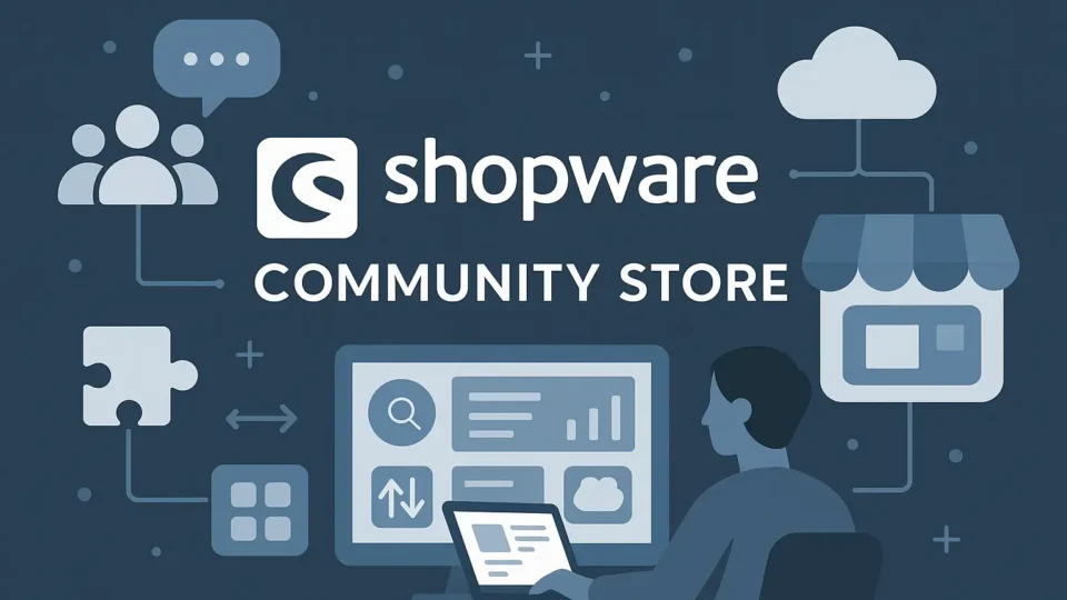 Titelbild im Querformat: Shopware Community Store mit Logo, Community-Symbolen, Storefront und Puzzle-Icon