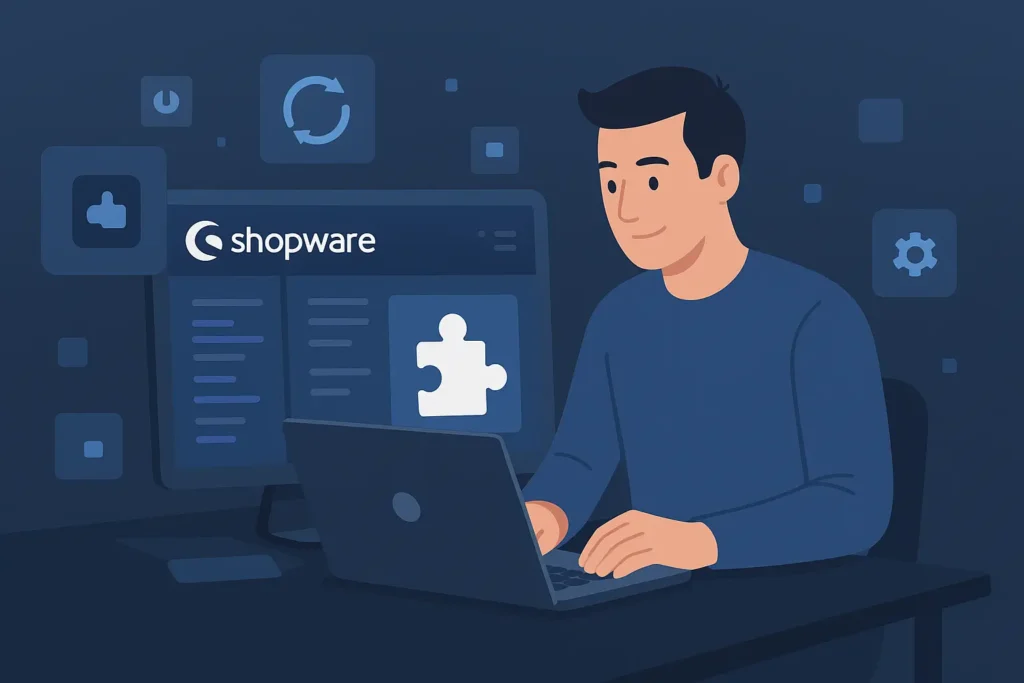 Illustration im Querformat: Entwickler arbeitet im Shopware Backend an einem Plugin mit Laptop und Symbolen