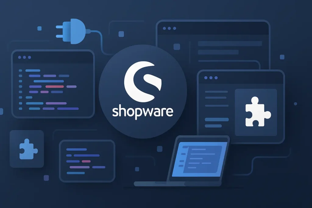 Titelbild im Querformat: Shopware Plugin Entwicklung mit Logo, Code und Puzzle-Symbolen
