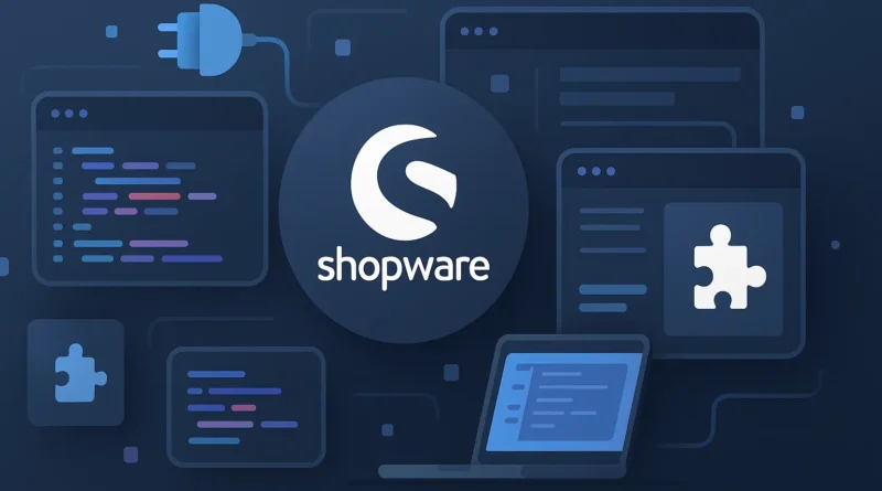 Titelbild im Querformat: Shopware Plugin Entwicklung mit Logo, Code und Puzzle-Symbolen