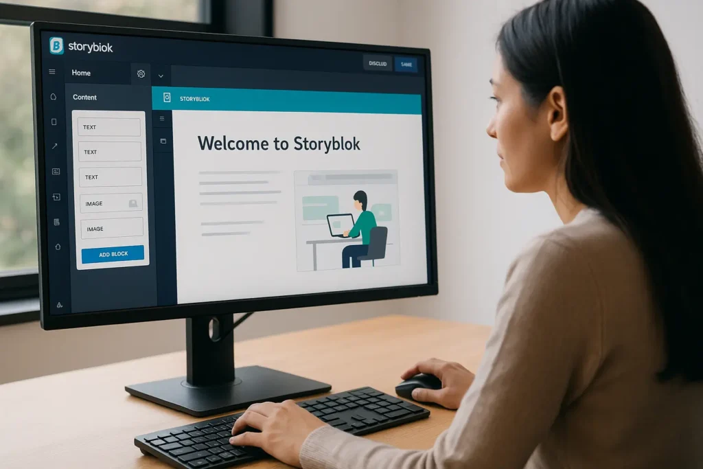 Foto im Querformat: Person arbeitet im Storyblok CMS Dashboard mit Content-Blöcken und Seitenvorschau