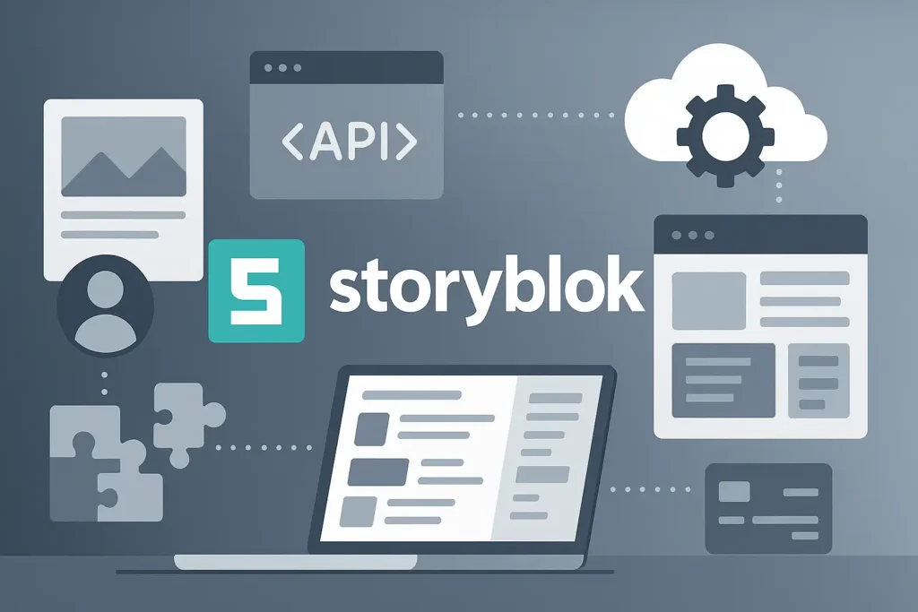 Titelbild im Querformat: Storyblok CMS mit Logo, API-Symbolen, Content-Modulen und Headless-Architektur
