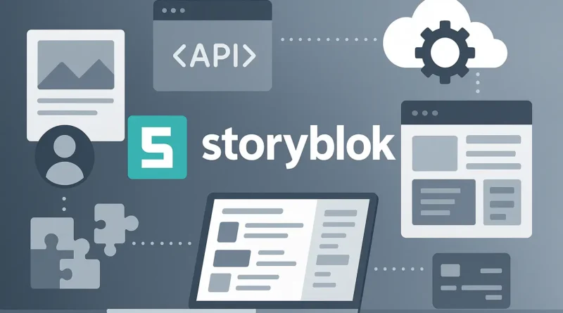 itelbild im Querformat: Storyblok CMS mit Logo, API-Symbolen, Content-Modulen und Headless-Architektur