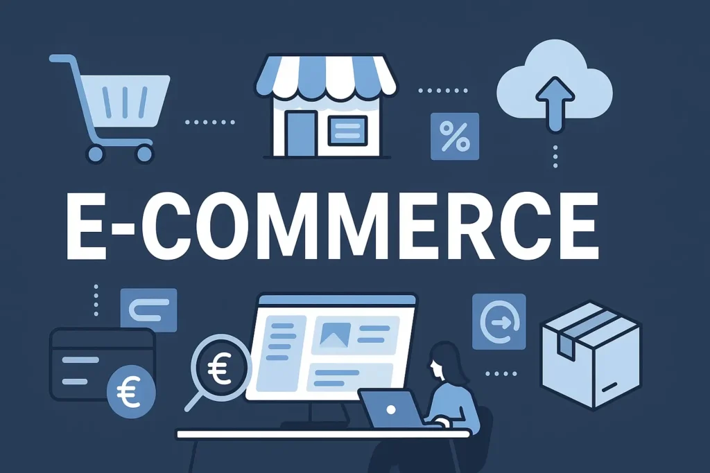 Titelbild im Querformat: E-Commerce mit Symbolen für Onlineshop, Warenkorb, Bezahlung, Cloud und Versand