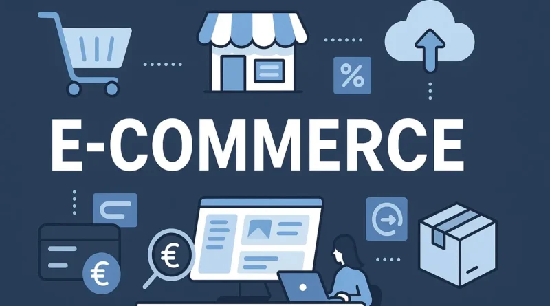 Titelbild im Querformat: E-Commerce mit Symbolen für Onlineshop, Warenkorb, Bezahlung, Cloud und Versand