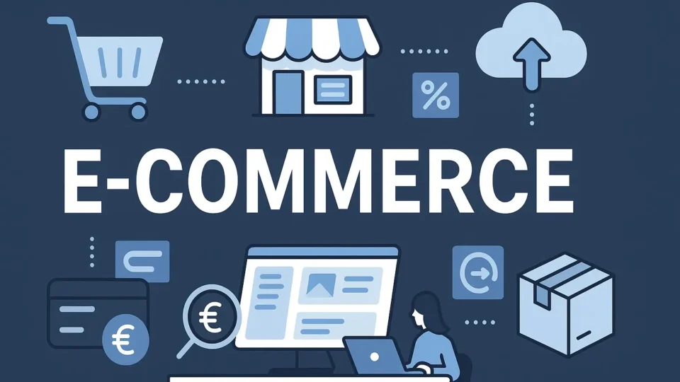 Titelbild im Querformat: E-Commerce mit Symbolen für Onlineshop, Warenkorb, Bezahlung, Cloud und Versand