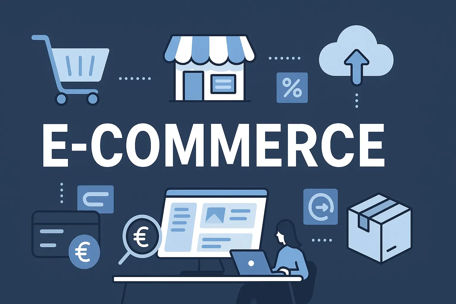 Titelbild im Querformat: E-Commerce mit Symbolen für Onlineshop, Warenkorb, Bezahlung, Cloud und Versand