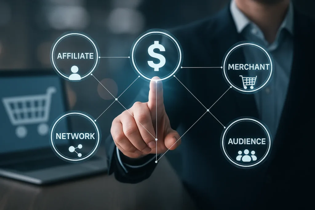 Photorealistisches Bild eines Geschäftsmanns, der auf leuchtende digitale Symbole tippt, die Geld- und Netzwerkverbindungen darstellen – Sinnbild für Erfolg, Datenfluss und Struktur im Affiliate Marketing.