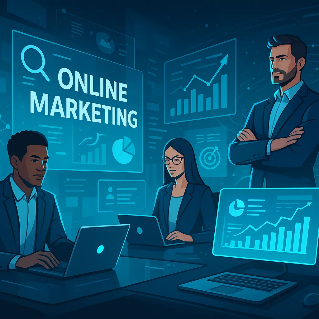 Futuristische Online-Marketing-Agentur mit modernen Arbeitsplätzen, digitalen Analysen und blauer Lichtstimmung – Symbol für datengetriebene Strategien im digitalen Zeitalter