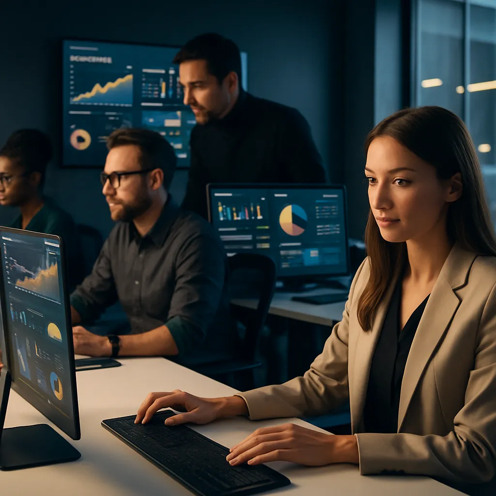 Modernes Agentur-Team in futuristischer Arbeitsumgebung mit digitalen Dashboards und Datenvisualisierungen – Sinnbild für professionelle Online-Marketing-Agenturen